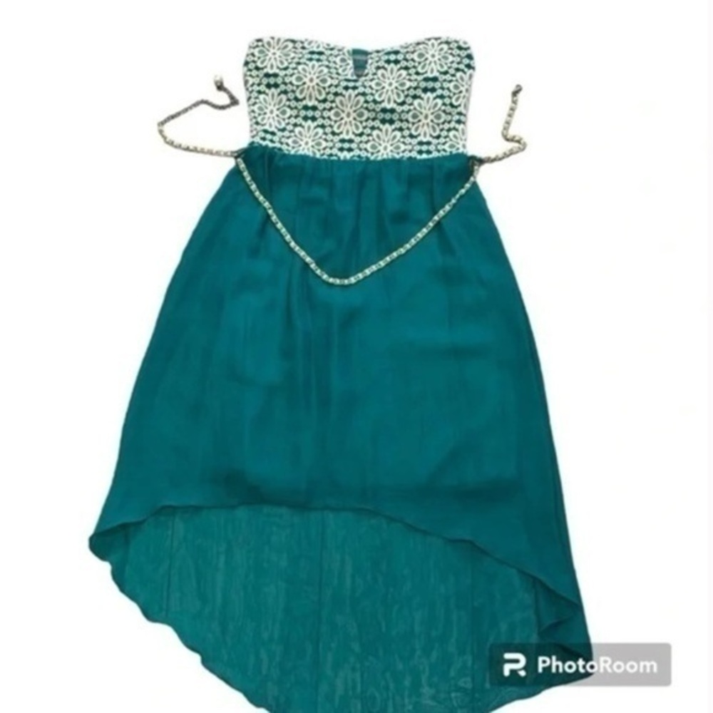 Teal High Low Crochet / Lace Overlay Dress with Pearl Belt